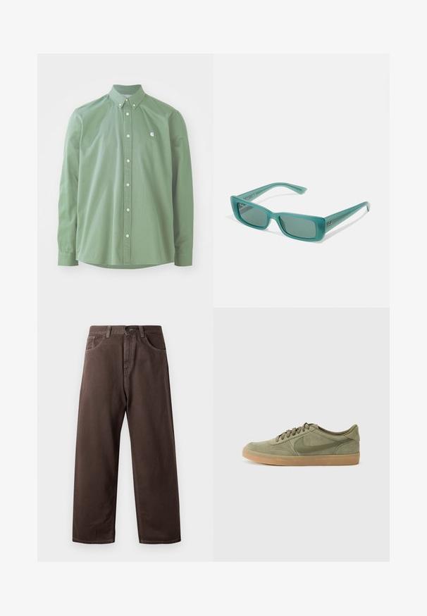 Zöld, gombos ing sima textúrájú anyagból. Klasszikus gallérral, hosszú ujjakkal és egy kis logóval a mellkason.; Barna, bő szárú vászon nadrág, klasszikus öt zsebes dizájnnal, cipzáras megoldással és látható varrási részletekkel.; Zöld velúr sneaker, gumírózsás talppal, kerek orral és fűzős kialakítással. Tartalmazza a Nike jellegzetes logóját sötétzöld színben.; Türkiz napszemüveg, téglalap alakú kerettel, átlátszó műanyagból készült, sötét lencsékkel és kis logóval az oldalon.