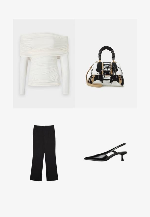 Haut à épaules dénudées et à manches longues en blanc cassé. Design drapé avec un tissu lisse et extensible. Comprend des fronces texturées au niveau du cou et des côtés.; Pantalon noir avec une coupe droite, doté de poches avant et d'éclairs sur l'ourlet. Fabriqué en tissu doux et lisse. Convient à diverses occasions.; Escarpins slingback en cuir verni noir avec un bout pointu, un design découpé sur les côtés et un petit talon carré. Texture lisse avec des accents minimaux.; Sac à main multicolore en maille noire, blanche et beige. Présente une poignée texturée, un design à lacets et une bandoulière amovible.