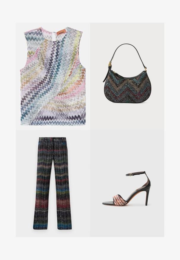 Missoni Top - multicolor/silver; Multifarvede, glitrende bukser med wide-leg pasform og lodrette striber i nuancer af sort, rød, grøn, blå og guld. Elastisk talje.; Sorte hælede sandaler med ankelstrop. Har en tekstureret, multicolor stofrem over tæerne. Glat læderfinish.; Sort håndtaske med en bøjelig form, prydet med et flerfarvet chevronmønster og metallisk tråd. Den har en læderrem og guld detaljer.
