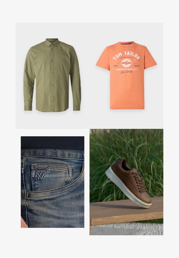 Camicia verde a maniche lunghe con colletto, presenta un motivo a croce bianca e bottoni marroni lungo la parte anteriore. Texture liscia.; T-shirt a maniche corte in arancione corallo con collo rotondo. Presenta testo grafico bianco e dettagli con logo sul davanti. Materiale in cotone.; Jeans di denim blu con una trama sbiadita, dotati di una tasca portamonete e un accento di logo nero sulla parte anteriore. La vita è in tessuto a coste blu scuro.; Sneaker in pelle marrone con suola in gomma bianca, punta arrotondata e lacci marroni. Grip testurizzato sulla suola e finitura liscia sulla parte superiore.