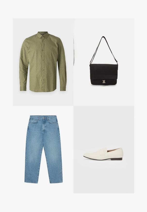 Grønn langermet skjorte med krage, som har et mønster av hvite pluss-tegn og brune knapper langs fronten. Glatt tekstur.; Lyseblå denim brede benbukser med høy midje, som har fem lommer, beltehemper og en myk, lett falmet tekstur.; Lyse beige loafers med spiss tå, glatt materiale, en stropp over vampsen, og en lav brun såle. Enkel design med minimale detaljer.; Svart budveske laget av glatt materiale, med en klaff som kan legges over, sølvfarget spenne og en justerbar skulderrem.