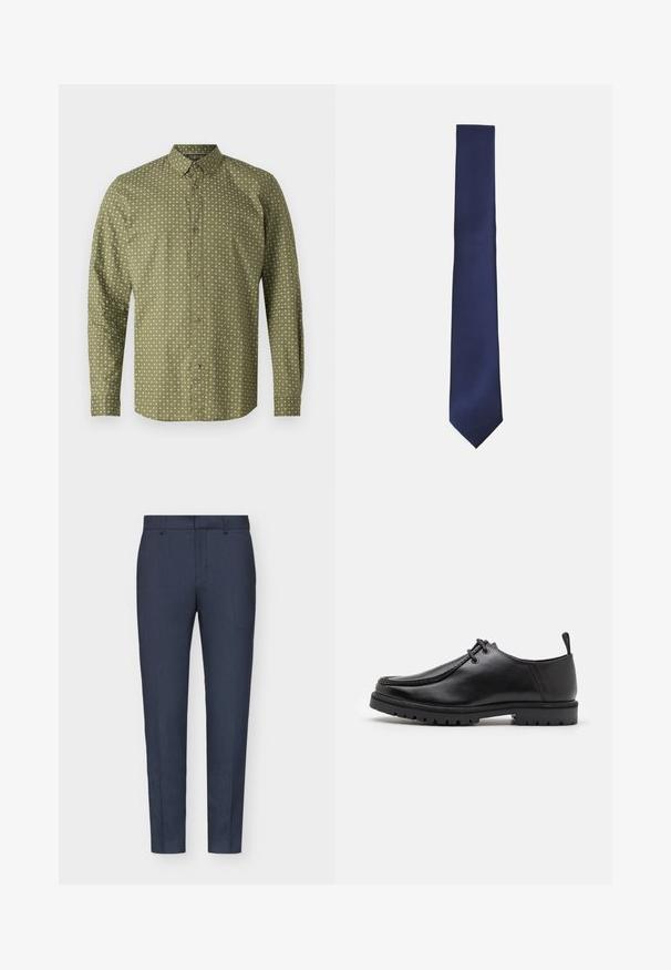 Zaļš garu piedurkņu krekls ar apkakles šķērsojumu, kuram ir balts plus zīmes raksts un brūni pogas priekšpusē. Gluda tekstūra.; Navy zili pielāgotie bikses ar gludu tekstūru, šauru piegriezumu, centrālo kroku un jostas cilpām. Audumam ir smalks aušanas raksts.; Melnas ādas šņorējamās kurpes ar izturīgu zoli un cilpiņu uz papēža, parādītas no sāniem uz baltas fona.; Jūras spēku zila kaklasaite ar teksturētu diognālu ribotu rakstu. Tai ir norādīta galu un eleganta, šaura forma. Izgatavota no gludas auduma.