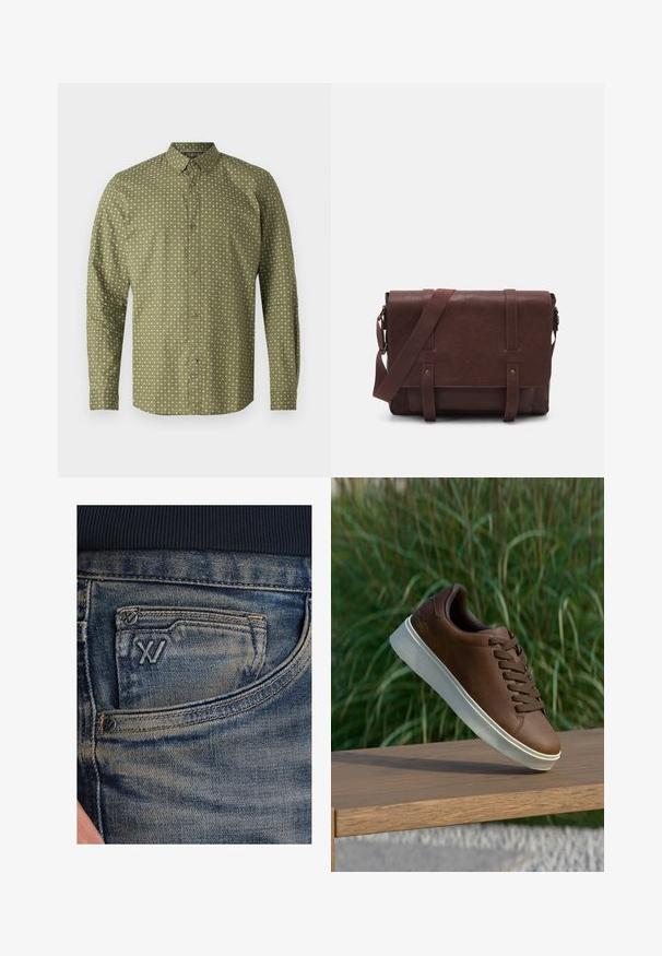 Zelena košulja dugih rukava s ovratnikom, ukrašena bijelim uzorkom plus sign i smešnim dugmadi sprijeda. Glatka tekstura.; Plave traperice s izblijedjelom teksturom, s džepom za kovanice i crnim logotipom sprijeda. Pojas je od tamno plave rebraste tkanine.; Smeđe kožne tenisice s bijelim gumiranim potplatom, zaobljenim nosom i smešnim vezicama. Teksturirana površina na potplatu i glatka završna obrada na gornjem dijelu.; Smeđa kožna torba za messenger s ravnim prednjim poklopcem, dva remena, zlatnim hardverskim detaljima i podesivim remenom za rame.