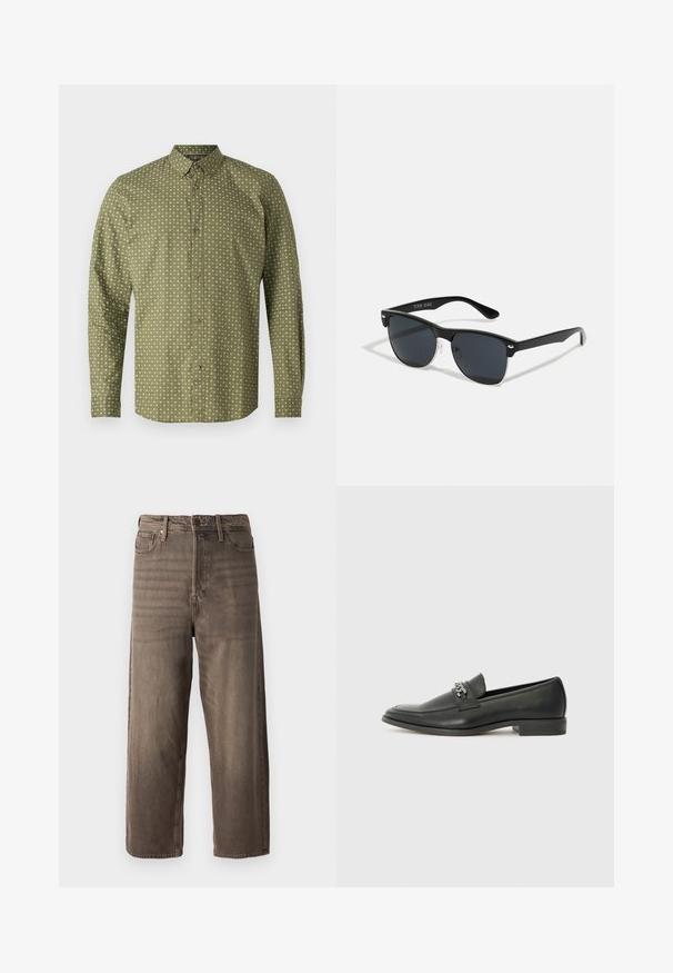 Zöld hosszú ujjú ing, galléros nyakkal, fehér pluszjelel mintázva, barna gombokkal elöl. Sima textúra.; Barna, széles lábú farmernadrág, denim anyagból készült. Cipzáras záródás, övbújtatók és öt zseb található rajta. Az anyag megjelenése halvány pattanásos hatású.; Fekete bőr loaferek sima felülettel, varrott mintával és díszítő fém lánccal a cipő elején. Lapos sarok.; Fekete napszemüveg, téglalap alakú, sötét lencsékkel, ezüst részletekkel a szárakon, és matt felülettel a kereten.