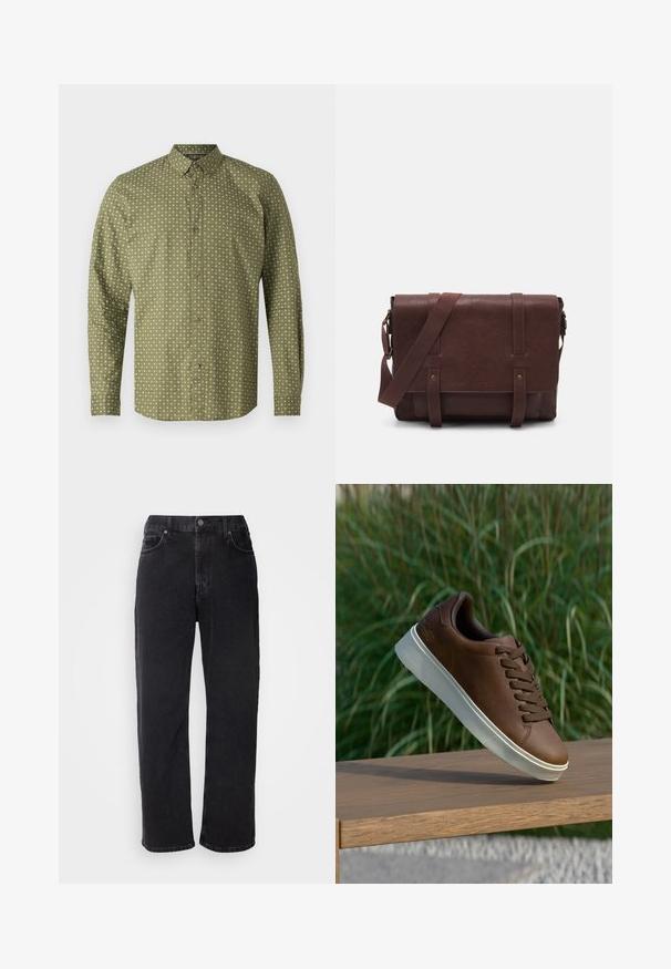 Roheline pika varrukaga särk, millel on kraega kaelus, valge plussmärkide mustriga ja pruunide nööpidega ees. Sile tekstuur.; Mustad teksad sirge lõikega, viie taskuga ja kontrastsete õmblustega. Omab nööpkinnitust ja vöölõikeid.; Pruun nahast tenniseking valge kummist tallaga, ümar varvas ja pruunid laced. Talla tekstuuriline haardepind ja ülemise sile pind.; Pruunist nahast sõnumiekot, millel on lame eesmine klapp, kaks rihma, kullatud detailid ja reguleeritav õlarihm.