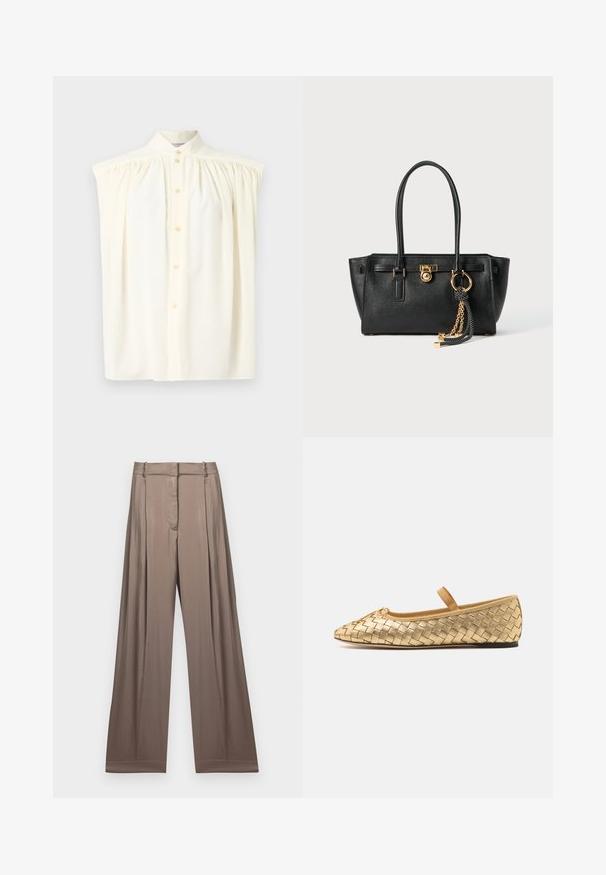 Krémszínű, ujjatlan blúz magas nyakkal, gombos záródással és redőzött részletekkel a vállaknál. Simább anyagtextúra.; Fehér, rövidujjú, vágott pamut póló, amelyen a "MICHAEL KORS" logó hímzett, megfelelő színben a mellkason.; Széles szárú nadrág, enyhén taupe színben, sima anyagból, selymes fényű kivitelben. Szabott derékkal és diszkrét redőkkel rendelkezik.; Loeffler Randall LEONIE SOFT BALLET FLAT - Bokapántos balerina cipők - gold; Fekete bőr kézitáska dupla fogantyúkkal, aranyzárral és lánc részletekkel, fekete-fehér bojt kiegészítővel, fehér háttéren.