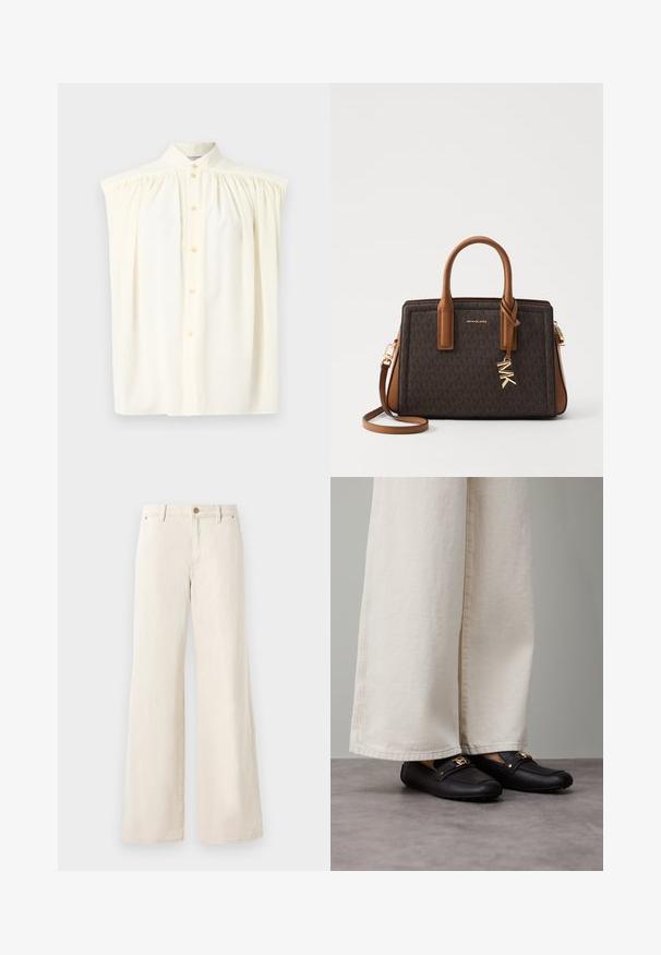 Cream-colored sleeveless blouse with a high neck, button closure, and gathered detailing on the shoulders. Smooth fabric texture.; Beige wide-leg pants made of cotton with a smooth texture. Features a button closure, front pockets, and a classic waistband design.; Black leather loafers with gold hardware detail, worn with wide, cream-colored pants, showing a smooth texture and rounded shape.; MICHAEL Michael Kors LAILA SATCHEL - Handbag - brown