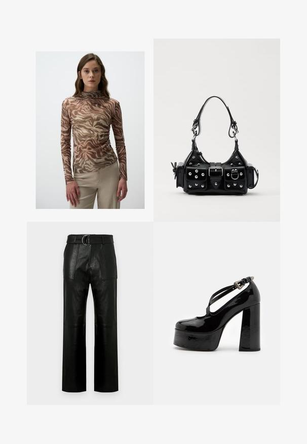 Long-sleeve top in sheer fabric featuring a brown and beige abstract pattern with subtle sparkles, and a high neck design.; High-waist black leather pants with wide legs, large front patch pockets, and a matching belt with double-ring buckle.; The Kooples CHAUSSURES - High heels - black; Black leather handbag with a curved design, featuring silver studs, a buckle, and two side pockets. Adjustable strap for carrying options.