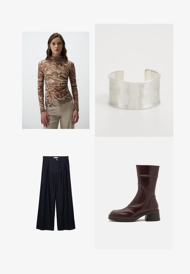 Haut à manches longues en tissu transparent avec un motif abstrait marron et beige, orné de légers paillettes, et au design col montant.; Pantalons larges en denim foncé avec taille haute, présentant une fermeture à bouton à l'avant, deux poches latérales et des détails de couture.; MIISTA MALENE - Bottines - brown; Zign Bracelet - silver-coloured
