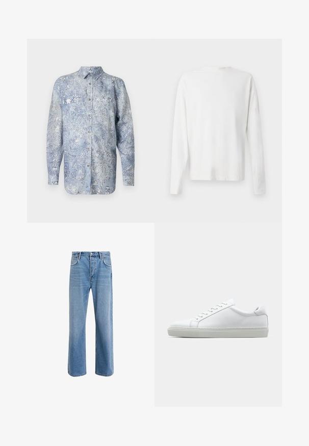 Zila džinsa krekls ar ziedu rakstu, garām piedurknēm, apkakli un priekšējo kabatu. Aizdare ar spīdīgām sudraba pogām. Gluda tekstūra.; Garums piedurkņu baltā kokvilnas krekls ar apaļu dekoltē, sānu šķēlumiem apakšā un gludu tekstūru, redzams no aizmugures.; Gai zilas džinsu bikses ar taisnām kājām, piecām kabatām, pogu aizvēršanu, minimālu izbalēšanu un kontrastējošiem šuvju elementiem.; Baltie sporta apavi ar gludu ādas virsu un zemu profilu. Iezīmējas ar noapaļotu purngalu, sešām acīm un teksturētu gumijas zoli.