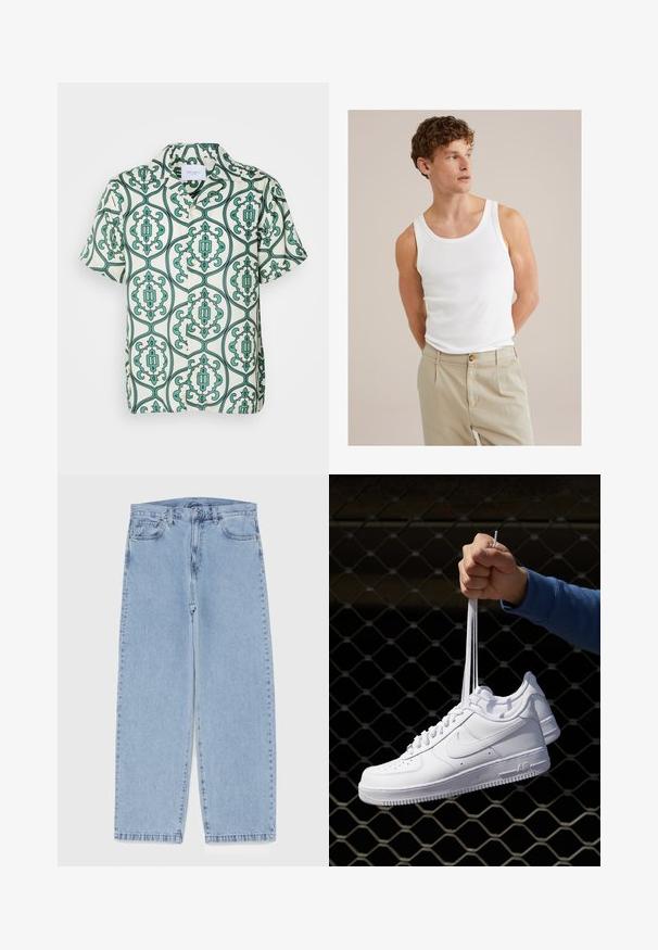 Les Deux ORNAMENT SHIRT - Marškiniai - ivory/vintage green; Balta medvilninė tankų palaidinė su apvalia iškirpte ir plačiomis petnešomis, derinama su šviesiai smėlinėmis kelnių, kurios turi mygtuką ir klostes.; Šviesiai mėlyni džinsai su tiesiomis kojomis, turintys vidutinio aukščio juosmenį, penkias kišenes ir mygtuko bei užtrauktuko uždarymą.; Balti odiniai sportiniai bateliai su perforacijomis, apvalia nosimi, plokščiu padu ir storomis raištelėmis, su matomu swoosh logotipu ir "AIR" ant kulno.