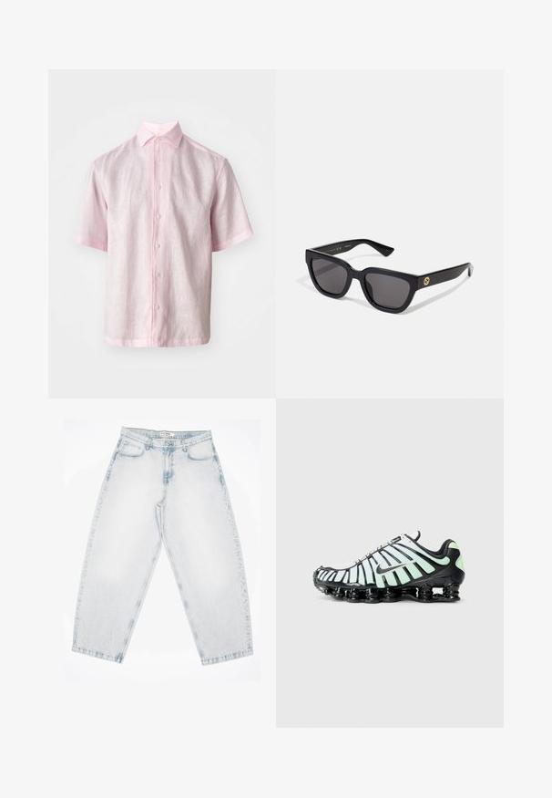 Kratek rokav s srajčnim zapenjanjem v svetlo roza lanu, s klasičnim ovratnikom in ravnim krojem ter subtilno teksturo.; Črna bombažna majica s kratkimi rokavi in krožnim izrezom. Na levi strani prsnega koša se nahajata belega napisa "ALLSAINTS" in "LONDON".; Svijetloplave traperice s širokim, ležernim krojem. Imaju pet džepova, kopčanje na dugme i šivane detalje. Izgledaju izblijedjele i imaju ravne nogavice.; Nike športni čevelj z zasnovo v črni in mint zeleni barvi, mrežast zgornji del s krivimi poudarki in izrazitim črnim blažilnim podplatom.; Črna pravokotna sončna očala z gladkim zaključkom, temnimi lečami in zlatim okrasjem na strani, ki vsebuje logo.