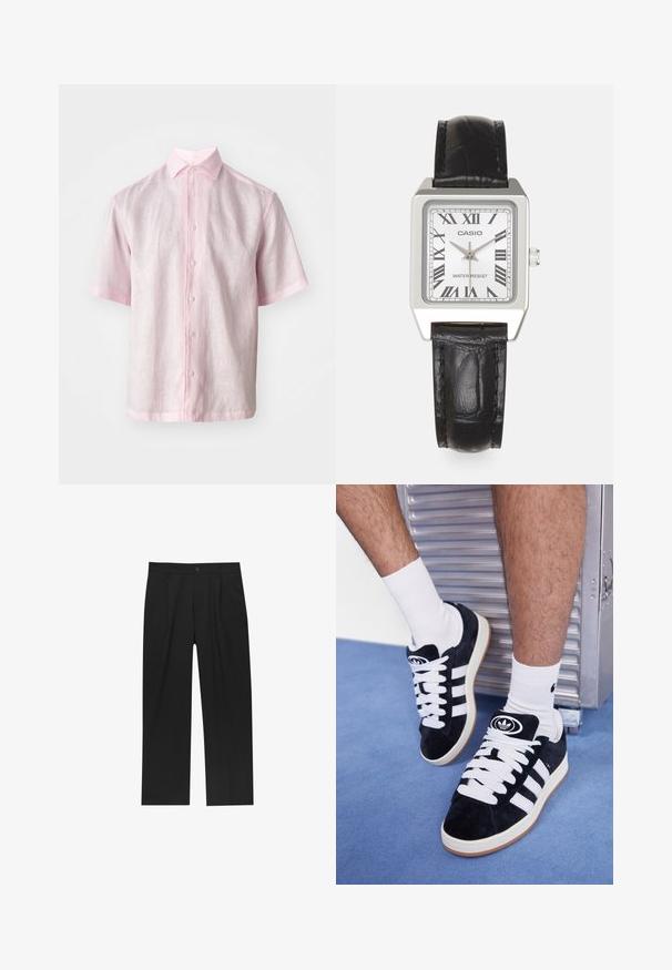 Kratek rokav s srajčnim zapenjanjem v svetlo roza lanu, s klasičnim ovratnikom in ravnim krojem ter subtilno teksturo.; Črne hlače z ravnim krojem, narejene iz gladkega materiala. Imajo sprednje gube in enojno zaponko na pasu.; Črne semiš teniske z belimi vezalkami in tremi belimi črtami. Imajo okroglo črno oznako na jezičku in gumijast podplat.; Srebrna kvadratna ura z belo številčnico, črnimi rimskimi številkami in napisom "WATER RESIST". Črno usnjeno pasu z teksturirano obdelavo.