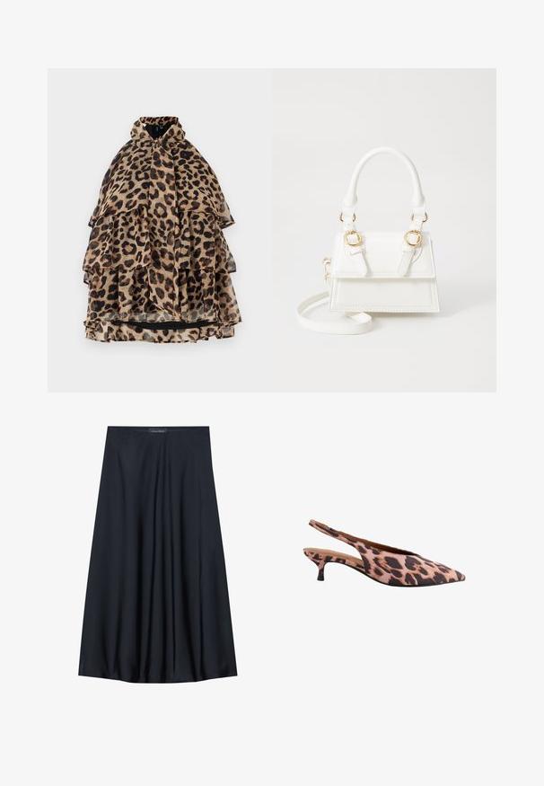Cape s leopardím vzorom, v vrstvenom dizajne, s vysokým golierom, priesvitnou látkou, volánmi a čiernym podšívaním. Farebná paleta obsahuje béžovú, hnedú a čiernu farbu.; Čierna sukňa po kolená vyrobená z ľahkej tkaniny s voľným strihom. Obsahuje hladkú textúru a jemné záhyby pre dodatočný detail.; Obuv so vzorom leopardích škvŕn, s úzkou špičkou, nízkym rokovým podpätkom a textúrovanou tkaninou. Farebná schéma zahŕňa odtiene ružovej a tmavozelenej.; Biela kabelka z faux kože so štruktúrovaným dizajnom, zlatými kovovými akcentmi, dvojitými hornými rúčkami a nastaviteľným ramenným popruhom.; Zlatý obdĺžnikový náramkový hodinky s bielym ciferníkom, striebornými indexmi a odolným kovovým náramkom. Obsahuje vodoodolnú funkciu.
