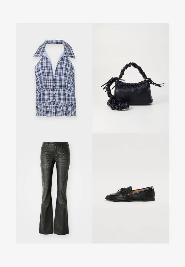 Kék és fehér kockás pánt nélküli felső, galléros nyakkal, elöl gombokkal és fodros aljjal. Könnyű anyagból készült.; Fekete műbőr, bővülő szárú farmernadrág elülső zsebekkel, fémből készült gombos záródással és enyhén textúrázott felülettel. Egyenes szárú, hosszú fazon.; Fekete bőr lófarok cipők, megkötött masnival, arany szemcsés díszítéssel az oldalán és lapos gumitalppal. Simaság, klasszikus dizájn.; Fekete műbőr kézi táska krokodil bőr textúrával, összehúzható tetejű és gyűrt pánttal. Lágy és kompakt dizájnúnak tűnik.