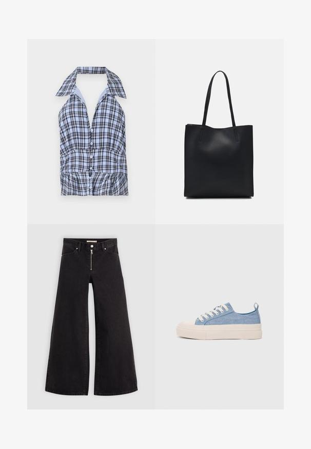 Modrý a biely károvaný top na zaväzovanie za krk s golierom, s gombíkmi na prednej strane a volánovým lemom. Vyrobené z ľahkej tkaniny.; Dlhé nohavice vo voľnom strihu z čierneho denimu so zipsom vpredu, päť vrecúškovým dizajnom a jemnými stehovými detailmi. Hladká textúra a neformálny štýl.; Svetlomodré plátené tenisky s krémovou gumovou špičkou a podrážkou, obsahujúce biele šnúrky a pútko na päte.; Čierna kožená taška na rameno s hladkým povrchom, obdĺžnikovým tvarom a dvoma dlhými uchami. Bez viditeľného kovania alebo ozdôb.