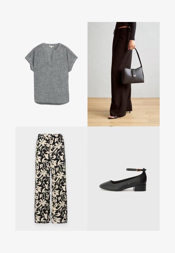 Top grigio a maniche corte con motivo, scollatura a V e maniche arrotolate, realizzato in un tessuto leggero e testurizzato con una silhouette morbida.; Top corto nero a maniche corte realizzato in materiale liscio, con design peplum e vita cintata adornata da due bottoni tondi in tono argento.; Pantaloni larghi neri con un motivo floreale crema. Realizzati in tessuto leggero, con una texture liscia e una vita alta.; Pump in pelle nera con punta affusolata e tacco basso a blocco. Presenta una cinghia alla caviglia con una fibbia in tonalità oro. Texture liscia.; Borsa nera con forma strutturata, texture liscia e una chiusura metallica. Abbinata a pantaloni neri larghi e sandali open-toe su un pavimento in legno.