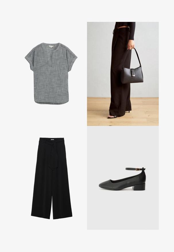 Grau gemustertes Kurzarmoberteil mit V-Ausschnitt und aufgeschlagenen Ärmelabschlüssen, das aus einem leichten strukturierten Stoff besteht und eine entspannte Silhouette hat.; Schwarze weite Hosen aus strukturiertem Stoff, mit elastischem Bund und einem abnehmbaren Bindegürtel in der Taille für eine verstellbare Passform.; Schwarze Lederpumps mit spitzem Zehenbereich und niedrigem Blockabsatz. Mit einem Knöchelriemen und einer goldfarbenen Schnalle. Glatte Textur.; Schwarze Handtasche mit strukturierter Form, glatter Textur und einem metallischen Verschluss. Kombiniert mit weiten schwarzen Hosen und offenen Sandalen auf einem Holzboden.