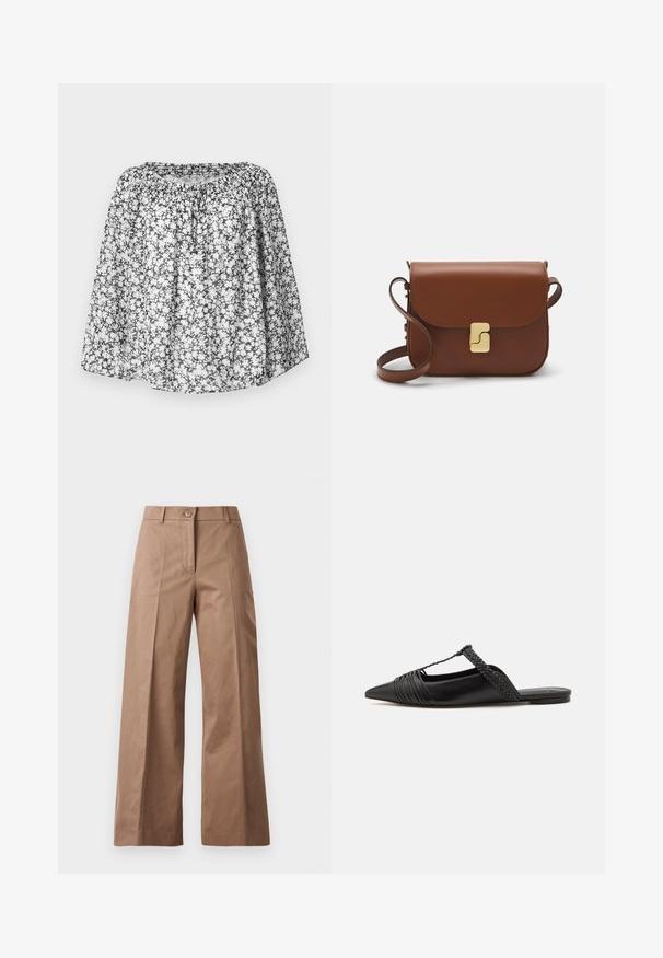 Blusa floral com um padrão em preto e branco, apresentando um corte descontraído, decote elástico e mangas curtas. O tecido leve permite a circulação de ar.; Calças largas castanhas feitas de um tecido suave, com fecho frontal por botão, dois bolsos frontais e linhas limpas e ajustadas.; Sapatilha slingback em couro preto com bico pontudo, apresentando um detalhe trançado e um design superior plissado. Sola plana com hardware mínimo.; Bolsa de couro castanho com fecho de aba, decoração em tom dourado, alça de ombro e textura suave. Formato retangular compacto.