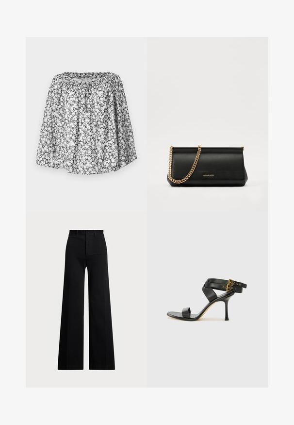 Cvetlična bluza z črno-belim vzorcem, ki ima sproščen kroj, elastiko na vratu in kratke rokave. Rahlo tkanino omogoča prepih.; Črne široke hlače iz tkanine, ki imajo visoko pasnico, sprednje zapiranje na gumb in stranske žepke. Gladek videz z jasnimi linijami.; Črne sandale na peto z križnimi trakovi in prilagodljivo zaponko. Imajo gladko teksturo in zožen peto.; Črna usnjena torbica z zlatim verižnim trakom, z gladko teksturo, pravokotno obliko in embosiranim logotipom spredaj.
