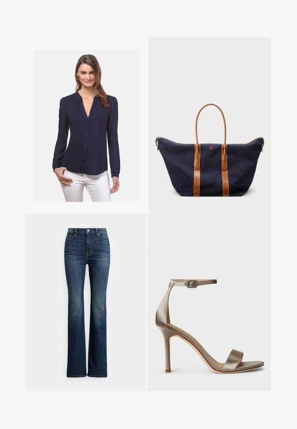 Chemise bleu marine à boutons avec manches longues, décolleté en V et plis subtils sur les épaules, fabriquée en tissu lisse.; Jean bootcut taille haute bleu foncé avec bouton et poches à l'avant, légère décoloration sur les cuisses et les genoux, présenté sur fond blanc.; Sandale à talons hauts en satin argenté avec une bride de cheville, présentant une boucle décorative. Bout ouvert et design fin et élégant.; Sac de voyage en toile marine avec des sangles en cuir beige, fermeture éclair, et un petit logo rouge sur le devant, présentant un design large et spacieux.