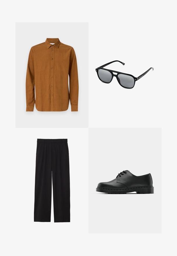 Chemise à manches longues marron en tissu lisse, dotée d'un col classique et de sept boutons à l'avant, avec des manches à poignets droits.; Pantalons larges noirs avec un devant plissé, des poches latérales et une texture de tissu lisse. Conçus pour un ajustement décontracté.; Chaussure oxford en cuir noir avec un design à lacets, bout rond, semelle en caoutchouc plate et détails de surpiqûre discrets le long du dessus.; Lunettes de soleil noires avec des montures rectangulaires, des verres teintés gris et un design avec découpes au niveau du pont. Matériau plastique lisse et brillant, avec des branches étroites.