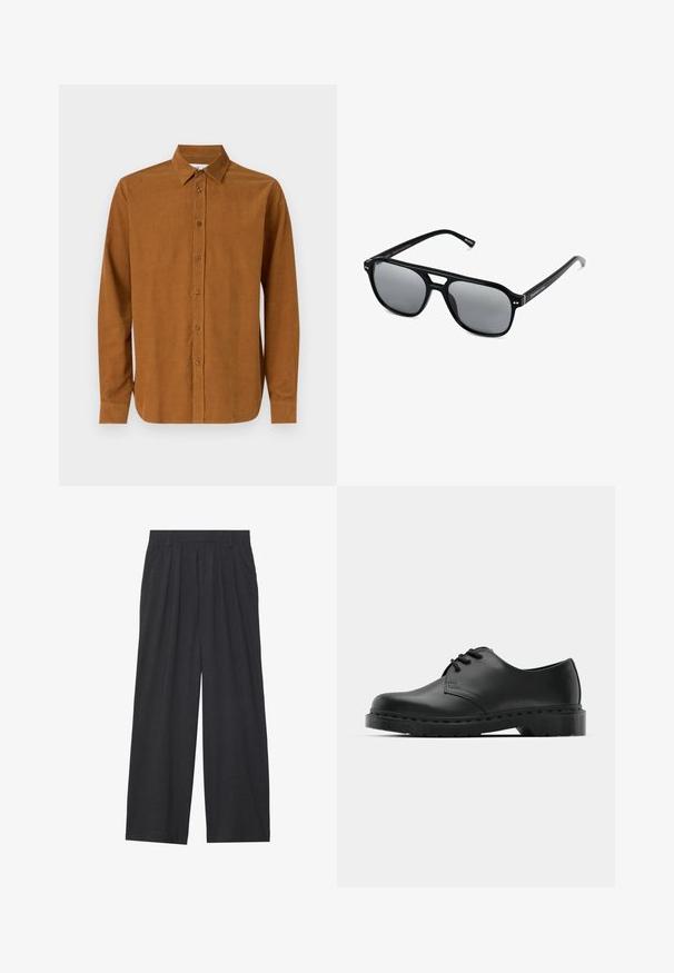 Brun langærmet skjorte med knapper lavet af glat stof, med en klassisk krave og syv frontknapper, samt lige manchetter.; Vidder bukser lavet af mørkegrå stof. Har folder ved taljen, et skræddersyet design og en lige silhuet.; Sorte læder oxford-sko med snørebåndsdesign, rund tå, flad gummisål og subtil syning langs overdelen.; Sorte solbriller med rektangulære rammer, gråt tonede linser og en broudskæring design. Slankt, glat plastmateriale med smalle stænger.