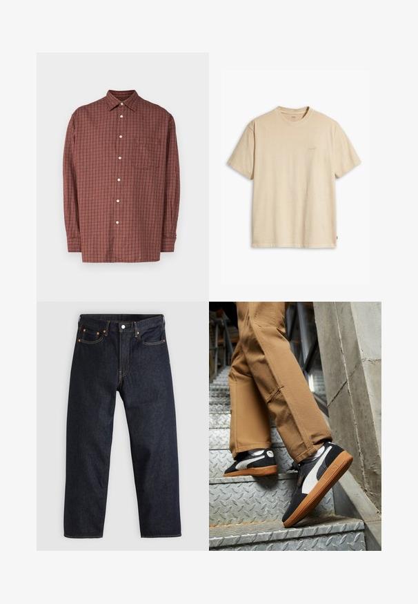 Ilgi piedurkņu pogājama krekls rūsas sarkanā krāsā ar pārbaudītu rakstu, kas iekļauj kabatu un baltas pogas, izgatavots no viegla auduma.; Bežs kokvilnas T-krekls ar apaļu apkakli un īsām piedurknēm. Priekšpusē ir smalka "Levi's" logo tajā pašā krāsā. Mīksta tekstūra.; Tumši zili džinsi ar taisnu piegriezumu, piecām kabatām, kontrastējošiem apelsīnu diegiem un ar pogu aizdari. Nav redzamu rakstu vai rotājumu.; Melnas un pelēkas zamša sporta kurpes ar baltām akcentiem un gumijas zolēm, valkātas uz brūniem biksēm, uzkāpjot metāla kāpnēm.