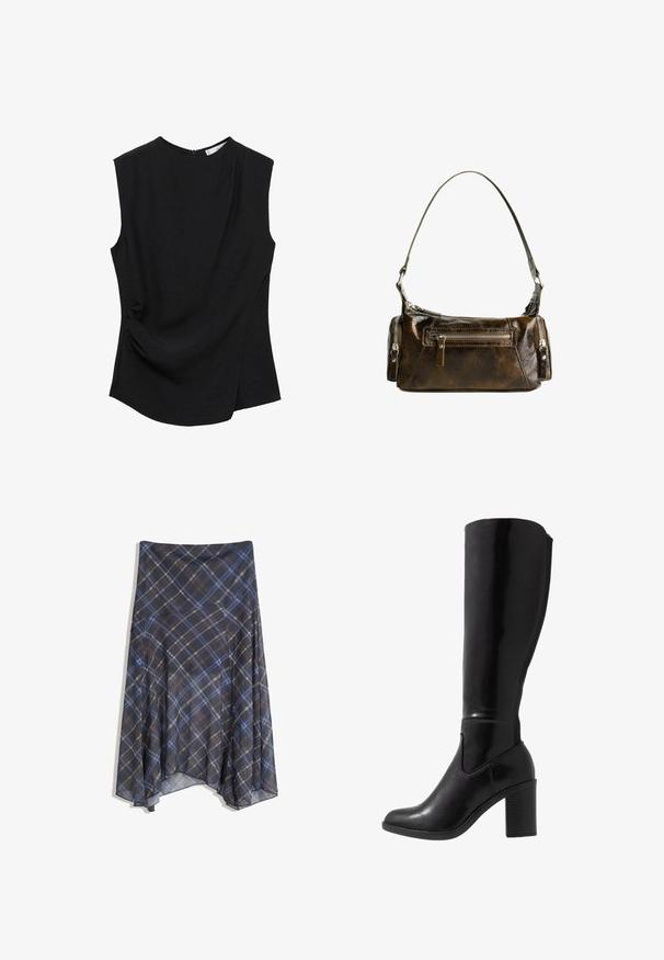 Čierny bezrúškový top s okrúhlym výstrihom, mäkkou látkou a drapovaním na boku pre pridanie textúry a tvaru.; Čierna kockovaná sukňa s modrými a hnedými prúžkami, voľný strih, stredná dĺžka, vyrobená z ľahkej látky s hladkým povrchom.; Čierne lesklé čižmy s vysokým podpätkom s okrúhlou špičkou, hladkou textúrou, bočným výrezom a robustným zloženým podpätkom.; Hnedá kožená kabelka so zakriveným tvarom, striebornými komponentmi a dvomi zipovými vreckami vpredu. Súčasťou je nastaviteľný ramenný popruh.
