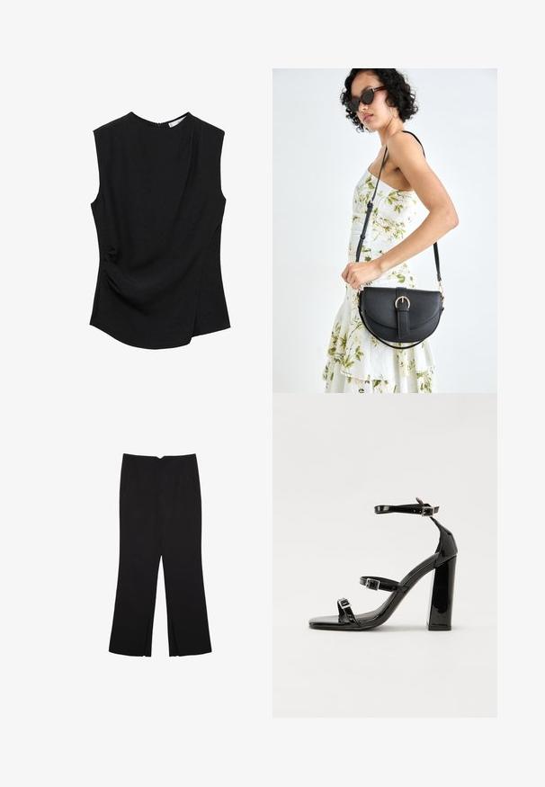 Schwarzes ärmelloses Top mit rundem Ausschnitt, weichem Stoff und einer seitlichen Drapierung für zusätzliche Textur und Form.; Schwarze Hose mit geradem Schnitt, ausgestattet mit Fronttaschen und Seitenschlitzen am Saum. Hergestellt aus weichem, glattem Stoff. Geeignet für verschiedene Anlässe.; Schwarze Lackleder-Sandalen mit hohen Absätzen, zwei Riemen mit Schnallen, quadratischer Zehenpartie und klobigem Blockabsatz, mit einer glatten, glänzenden Textur.; Schwarze Lederhandtasche mit geschwungener Form, abnehmbarem Tragegurt und goldenen Beschlägen. Die Tasche verfügt über einen Deckel mit einer Schnallen-Details.