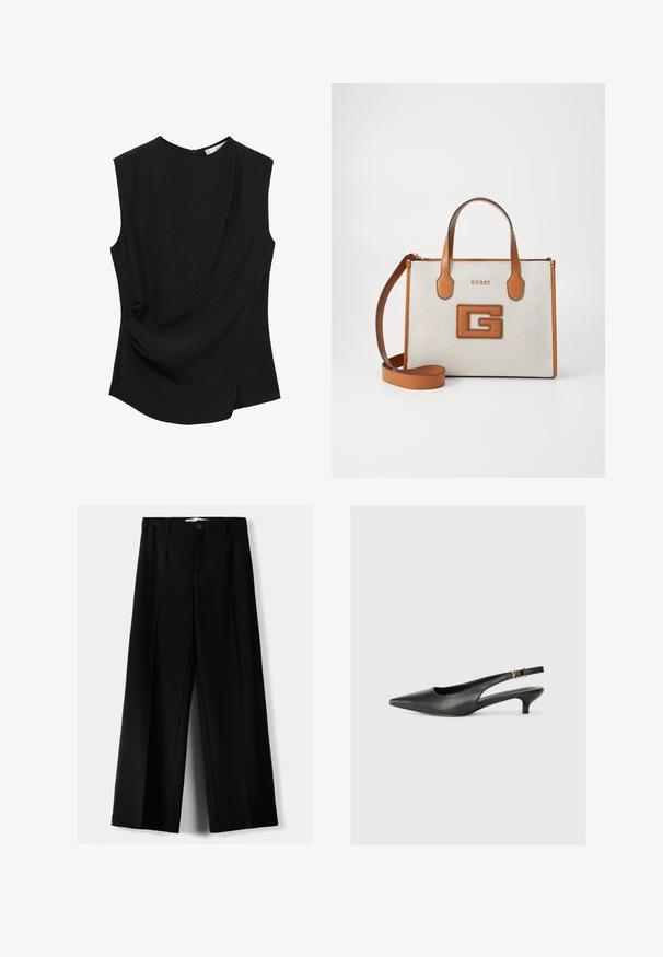 Top senza maniche nero con scollatura arrotondata, tessuto morbido e dettaglio drappeggiato sul lato per una maggiore texture e forma.; Pantaloni neri a gamba larga realizzati in tessuto leggero, caratterizzati da una chiusura frontale con bottone e frontale piatto, con orli cuciti con precisione.; Scarpa slingback nera con punta affusolata realizzata in pelle liscia. Caratterizzata da un tacco sottile e un dettaglio con fibbia sul cinturino regolabile.; Borsa a mano color tan e beige con logo, tessuto testurizzato, due manici e tracolla removibile. Presenta lettering dorato e un distintivo emblema G.