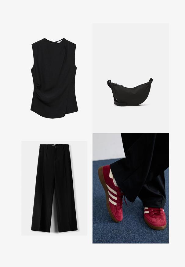 Černý bezrukávový top s kulatým výstřihem, jemnou tkaninou a poskládaným detailem na boku pro větší texturu a tvar.; Černé široké kalhoty z lehkého materiálu s předním zapínáním na knoflík a hladkým předním dílem, s pečlivě přišitými lemy.; Červené nubukové tenisky s bílými pruhy, šněrovací design a textura hnědé gumové podrážky. Noseny s černými kalhotami na modrém koberci.; Černá látková kabelka přes rameno s prohnutým tvarem, zipovým uzávěrem, nastavitelným popruhem a malou boční kapsou pro dodatečné úložiště.