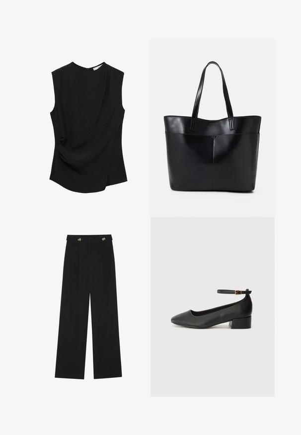 Black sleeveless top featuring a rounded neckline, soft fabric, and a draped side detail for added texture and shape.; Black wide-leg trousers with high waist, button details on waistband, and front pleats.; Black leather pump with a pointed toe and a low block heel. Features an ankle strap with a gold-tone buckle. Smooth texture.; Black leather tote bag with two long handles, a smooth texture, and a structured shape. Features a front pocket for additional storage.