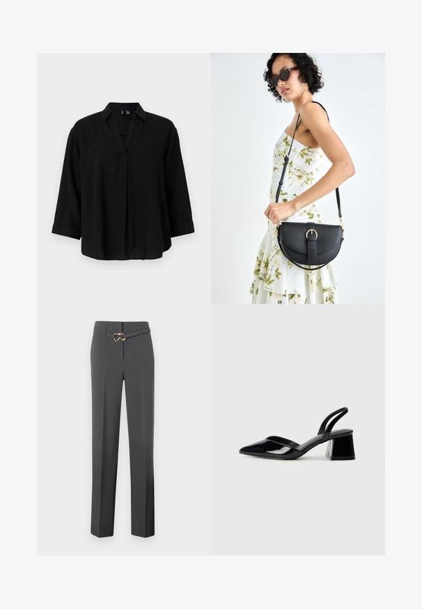 Zwarte linnen blouse met een kraaghalslijn, ¾ mouwen en een voorste plooi-detail. Zachte textuur en een ontspannen pasvorm.; Donkergrijze op maat gemaakte damesbroek met rechte pijpen en een dunne bijpassende riem met een goudkleurige gesp.; Zwarte gepatineerde leren slingback hakken met een spitse neus en een geometrische blokhak. Kenmerkt zich door een slank, minimalistisch ontwerp en een gladde textuur.; Zwarte leren handtas met een gebogen vorm, afneembare schouderband en gouden hardware. De tas heeft een klep met een gespsluiting.