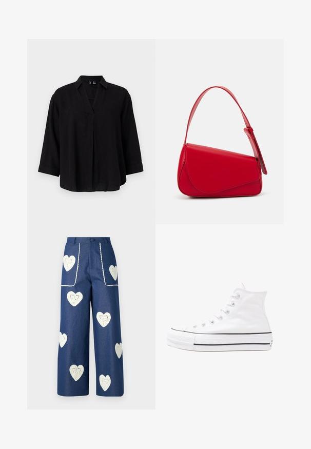 Mustmust shirt kraega ja sisemise voldiga, ¾ varrukate ja pehme tekstuuriga. Mugav lõike ja vabalt langev disain.; Sister Jane HEART TO HEART - Sirgete säärtega teksad - blue denim; Valge kõrgem kangast tenniseking, millel on must kummist tald, ees kummist varvasetugi ja kuus aukku paelte jaoks, pakkudes puhta ja minimalistliku disaini.; Punane nahast käekott, millel on nurkadega geomeetriline disain. Omab ühte reguleeritavat rihma ja klappidega sulgemist, millel on õmblustega kaunistused.