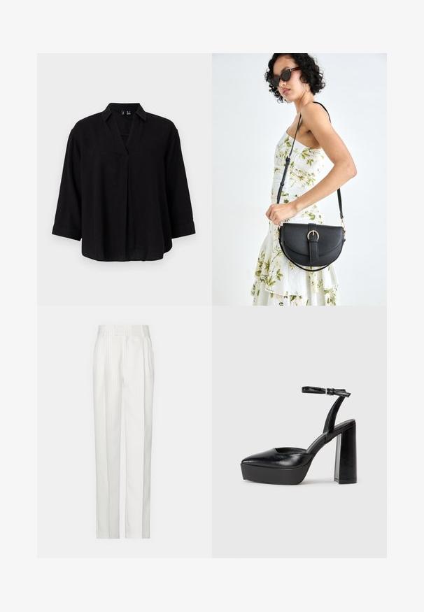 Svart linbluse med krage, ¾-ermer og frontfoldedetaljer. Myk tekstur og avslappet passform.; Hvite strikkede bukser med rette ben, laget av et lett stoff. Har folder foran og et tradisjonelt midjebånd.; Sorte plattformhelter med spiss tå og justerbar ankelrem. Laget av glatt lær, med en robust blokkhel.; Svart lærveske med en buet form, avtagbar stropp og gullbeslag. Vesken har et klaff med spenne-detall.