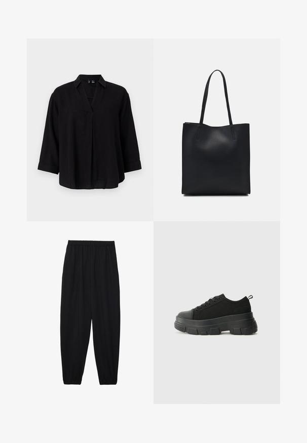 Čierna ľanová blúzka s golierom, ¾ rukávmi a predným sklonom. Mäkká textúra a voľný strih.; Čierne, ľahké nohavice s elastickým pásom a zúženými nohavicami. Tkanina je hladká a má voľný, zúžený strih.; Čierne tenisky s masívnou gumovou podrážkou, textúrovaným textilným zvrškom, okrúhlou špičkou a šnurovaním. Obsahujú spevnené očká a zadný úchop.; Čierna kožená taška na rameno s hladkým povrchom, obdĺžnikovým tvarom a dvoma dlhými uchami. Bez viditeľného kovania alebo ozdôb.