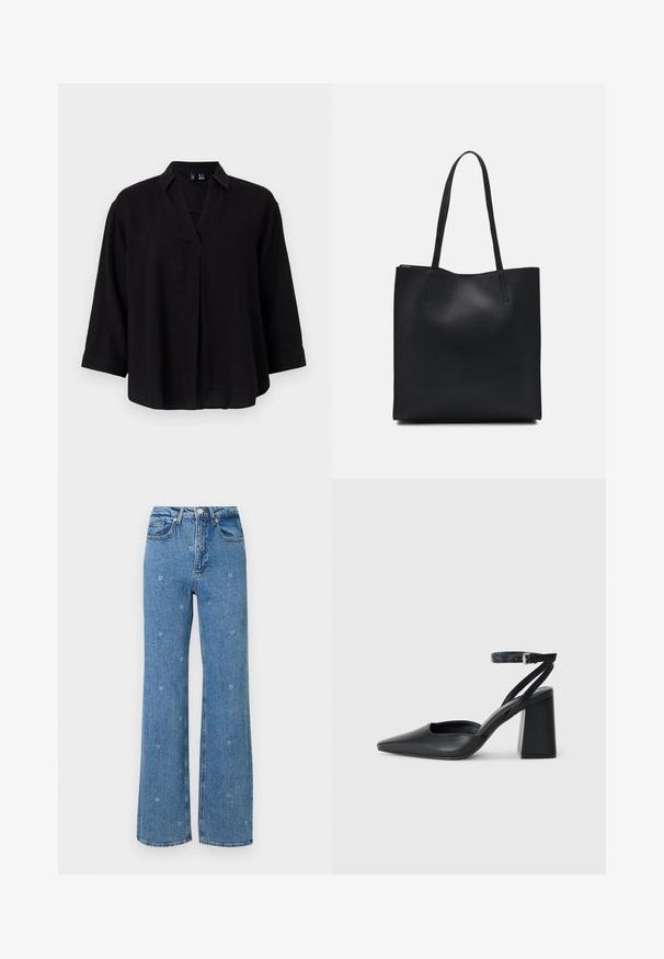 Mustmust shirt kraega ja sisemise voldiga, ¾ varrukate ja pehme tekstuuriga. Mugav lõike ja vabalt langev disain.; Sinine kõrge vöökoht ja sirge jalgadega teksapüksid, millel on väiksed valged lilleline tikandid hajutatud kogu kangale.; Mustmustest must-käigukingad, millel on konksuga nöör ja paks konts. Ühtlane tekstuur, stiilne disain ja minimalistlik esteetika.; Mustast nahast kott sujuva tekstuuriga, ristkülikukujuline ja kahe pika sangaga. Pole nähtavat riistvara ega kaunistusi.