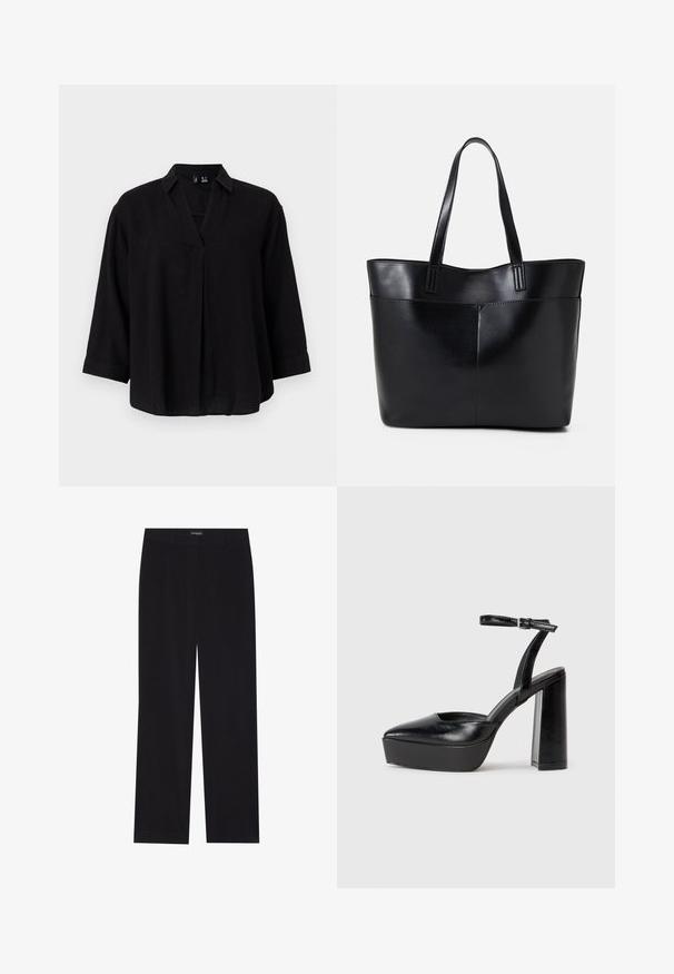 Zwarte linnen blouse met een kraaghalslijn, ¾ mouwen en een voorste plooi-detail. Zachte textuur en een ontspannen pasvorm.; Zwarte corduroy broek met een rechte snit, voorzien van een vlakke tailleband en zonder zichtbare zakken, een gladde textuur en verticale ribbelstructuur.; Zwarte plateauhakken met een puntige neus en verstelbare enkelband. Gemaakt van soepel leer, met een robuuste blokhak.; Zwarte leren tote bag met twee lange handvatten, een zachte textuur en een gestructureerde vorm. Voorzien van een voorvak voor extra opslagruimte.
