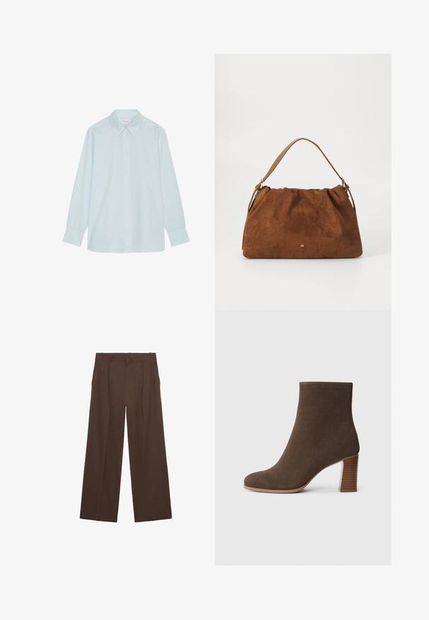 Marc O'Polo Overhemd - pastel sky; Bruine wijde broek gemaakt van een gladde stof, met een hoge taille, voorplooien en twee zijzakken.; Bruine suède enkellaars met een ronde neus en een gestapelde, gestructureerde hak. Glad exterieur zonder zichtbare sluitingen of versieringen.; Bruine suède handtas met een geplooid ontwerp, voorzien van een enkele tan kleur leren schouderband en een subtiele gouden logo-detail aan de voorkant.