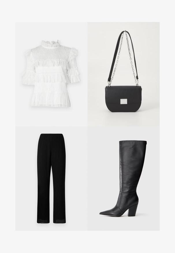 Bílá krajková blůza s krátkými volánkovými rukávy, vysokým výstřihem a vrstvami volánků. Po celém povrchu je texturovaný květinový vzor.; Černé široké kalhoty s sklady a elastickým pasem. Materiál je lehký a splývavý, s rovný střih do spodního okraje.; Černá kožená vysoká bota po kolena s špičatou špičkou a robustním vysokým podpatkem, zobrazená v levém bočním profilu na bílém pozadí.; Černá kožená crossbody taška s kulatým tvarem, stříbrným řetízkovým popruhem a obdélníkovým kovovým detailem na přední straně. Hladká textura.