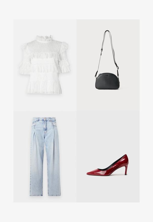 Fehér csipke blúz, rövid fodros ujjakra, magas nyakra és rétegezett fodor részletekre jellemző. Az anyagot texturált virágminta díszíti.; Világoskék farmernadrág magas derekú, bő szabású, két oldalsó zsebbel és pliszírozott dizájnnal. Puha tapintású, elhalványított felület.; Piros lakkbőr magassarkú cipő hegyes orral és vékony sarokkal. Simított felület fényes bevonattal és fekete belső béléssel.; Fekete bőr keresztpántos táska kerekded formával, két állítható pánttal és egy diszkrét logóval az elején. Texturált külső, minimalista dizájn.