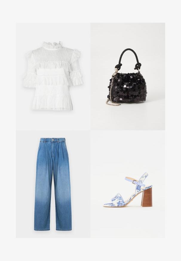 Bela čipkasta bluzica z kratkimi nabranimi rokavi, visokim ovratnikom in plastičnimi detajli. Teksturni cvetlični vzorec po celotni površini.; Svetlo modri jeans hlače z visokim pasom, sproščenim širokim krojem in sprednjimi pregibi. Imajo gumb in zadrgo za zapiranje.; Modra sandal z cvetličnim vzorcem, s kvadratnim nosom, širokim trakom in nastavljivim gležnjevim trakom, ki ima teksturiran lesen blokast pet.; Črna mini torbica s palčkami iz bleščic, z vozlanim teksturiranim trakom in srebrnima verigama. Okrogla oblika z nabranim vrhom in odsevnimi detajli.