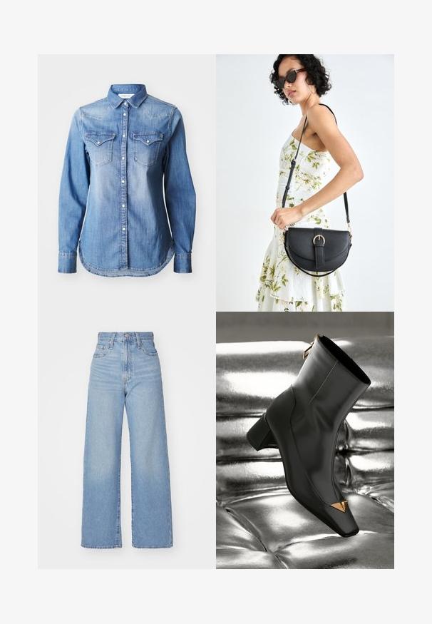 Replay Camicia - medium blue; Jeans a vita alta blu chiaro con gamba larga, chiusura frontale con bottone e zip, tasche anteriori e posteriori, su uno sfondo bianco.; Stivaletto in pelle nera con punta quadrata, accentatura triangolare dorata e tacco medio. Tessuto liscio su uno sfondo argentato lucido.; Borsa a tracolla nera in pelle con una forma curva, manico rimovibile e accessori dorati. La borsa presenta una patta con un dettaglio a fibbia.