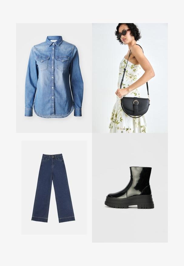 Replay Camicia - medium blue; Jeans a gamba larga in denim blu scuro. Presentano cinque tasche, passanti per cintura e un orlo grezzo in fondo con dettagli di cucitura visibili.; Stivale nero lucido alla caviglia con suola spessa e tonda, vista laterale su sfondo grigio chiaro uniforme.; Borsa a tracolla nera in pelle con una forma curva, manico rimovibile e accessori dorati. La borsa presenta una patta con un dettaglio a fibbia.