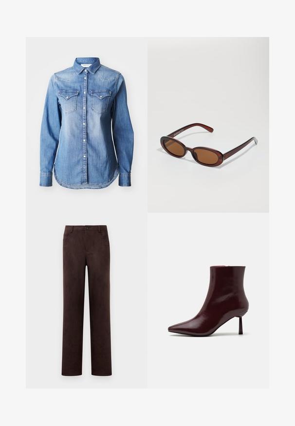 Replay Camicia - medium blue; Pantaloni in suede marrone scuro a gamba dritta con chiusura anteriore a bottone e zip, passanti per cintura e tasche laterali.; Stivale alla caviglia in pelle laccata bordeaux con punta affusolata e tacco stiletto sottile, caratterizzato da una texture liscia e lucida e da un design minimalista.; Occhiali da sole rotondi con tonalità marrone, montatura lucida color bordeaux. Aste sottili con un sottile dettaglio del marchio. Design delle lenti piatte.; Borsa intrecciata color bordeaux con forma arrotondata e manico singolo, dotata di una superficie testurizzata e chiusura a coulisse elastica.