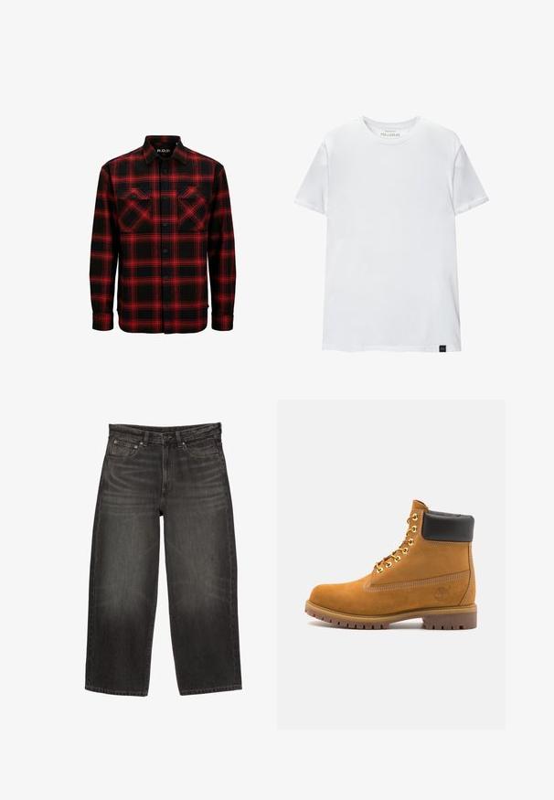 Rdeča in črna karirana flanelasta srajca z dvema žepoma na prsih, gumbom spredaj in ovratnikom. Narejena iz mehkega, teksturiranega materiala.; Bela majica oprijetog kroja izrađena od pamuka. Okrugli izrez, kratki rukavi, glatka tekstura. Mala crna oznaka na rubu. Jednostavan dizajn.; Črne široke jeans hlače iz denima z sprednjimi žepi, zankami za pas in gumbom za zapiranje, z blagim bledenjem in gubami.; Svetlo rjave anklne čizme iz semiša z črnim oblazinjenim ovratnikom, zlatimi kovinskimi očesci, belimi šivi in robustnim gumijastim podplatom s izrazitimi tredi.