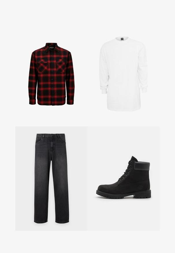 Rød og sort ternet flannelskjorte med to brystlommer, knaplukning foran og krave. Fremstillet af blødt, tekstureret stof.; Langærmet hvid bomulds t-shirt med rund halsudskæring, løs pasform og ribbede manchetter. Enkel design, ingen grafik eller mønstre.; Mørkegrå denim jeans med lige ben, der har lynlås i gylpen, fem lommer og diskrete falmende detaljer på stoffet.; Sorte snørebåndsstøvler til anklen med polstret krave og robust sål, vist i profil mod en hvid baggrund.