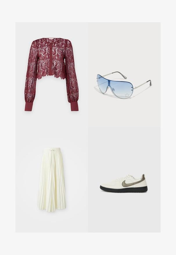 Burgundy lace blouse with long, puffed sleeves. Cropped design features button front and solid cuffs, showcasing intricate leaf patterns.; Pleated midi skirt in light yellow fabric, featuring an elastic waistband with a tie, smooth texture, and vertical stripes for added detail.; Nike Sportswear FIELD GENERAL - Trainers - off-white/black; Aviator sunglasses featuring a gradient blue lens, silver metal frame, and decorative star accents on the lens. Smooth and sleek design.