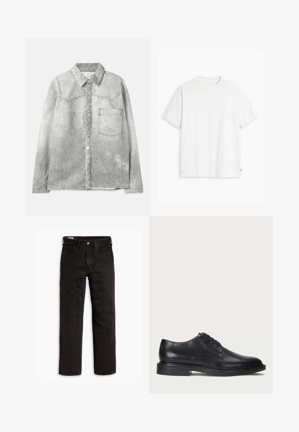 Grijze denim shirt met een knoopsluiting aan de voorkant, puntige kraag, borstzak en versleten details. Kenmerkt zich door een gestructureerde afwerking en een standaard pasvorm.; Wit katoenen T-shirt met korte mouwen, ronde hals en een subtiel "Levi's" logo in een lichte kleur op de voorkant gedrukt.; Zwarte recht gesneden denim jeans met vijf zakken, knoopsluiting en riemlussen, plat gelegd op een witte achtergrond.; Zwart leren dresschoen met een ronde neus, vetersluiting en een lage gestapelde hak. Gladde textuur met minimale stiksels.